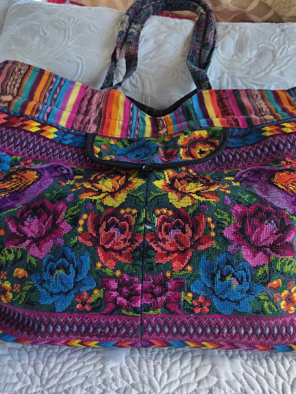 Handcrafted Guatamalen Embroidered Tote Bag - Vibrant Floral & Bird Design